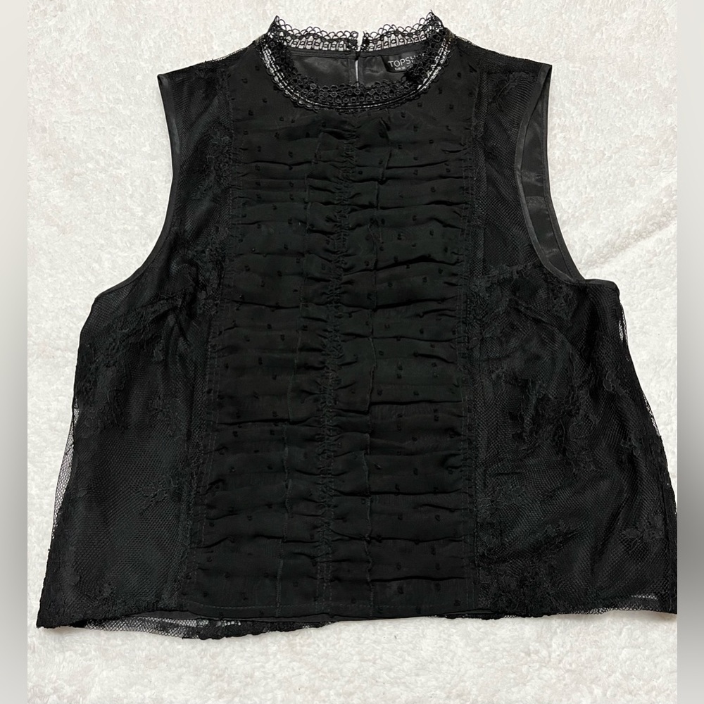Sleeveless black lace TopShop blouse - mock neck, ruched, polka dot, eyelet